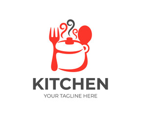 Kitchen, kitchenware, saucepan, fork and spoon logo design. Cooking eat, food and restaurant, vector design and illustration