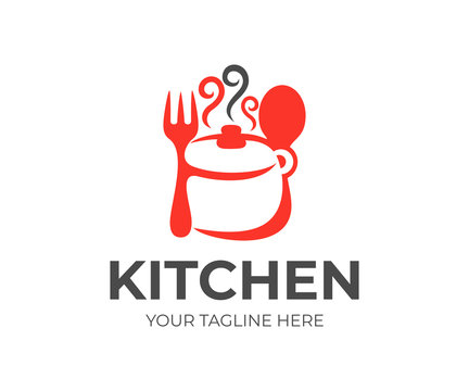 Kitchen, Kitchenware, Saucepan, Fork And Spoon Logo Design. Cooking Eat, Food And Restaurant, Vector Design And Illustration