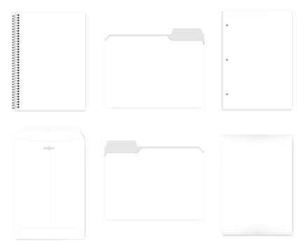 Notebook, file folder, hole punched paper, envelop - A4 set mockup