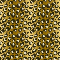 Seamless leopard pattern. Animal skin grunge texture. Gold gradient background. Vector illustration.
