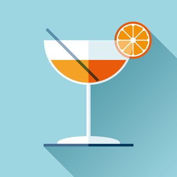 Glass for vermouth icon in flat style, wineglass on color background. Alcohol cocktail with lemon and straw. Vector design elements for you business project 