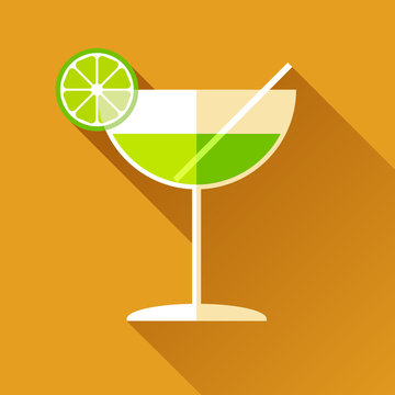 Glass for vermouth icon in flat style, wineglass on color background. Alcohol cocktail with lime and straw. Vector design elements for you business project 