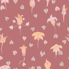 Vector Magical Autumn Pumpkin Flowers and Leaves seamless pattern background. Perfect for fabric, scrapbooking and wallpaper projects.