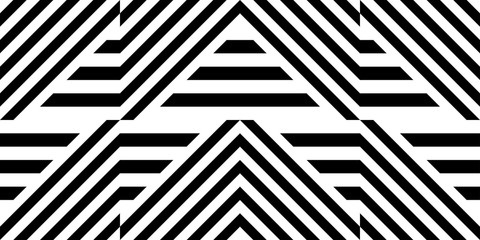 Seamless pattern with striped black white straight lines and diagonal inclined lines (zigzag, chevron). Optical illusion effect, op art. Vector vibrant decorative background, texture.