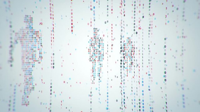 Abstract background with animation flickering binary digits and earth symbol walking human from binary digits. Animation of seamless loop. 