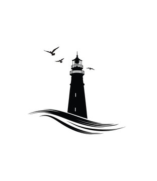 Lighthouse logo. Nautical icon with lighthouse with ocean waves and gull birds. Label design