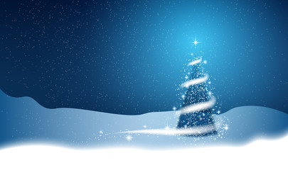 Christmas tree, blizzard, stars, snow,  sky, night, blue background for New Year project. Winter background