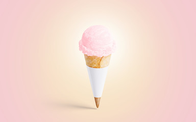 Blank white ice cream cone mockup, isolated on pink background, 3d rendering. Empty strawberry or...
