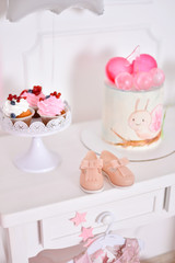 Children birthday. Decorations for girl birthday. A lot of balloons pink and white colors. 