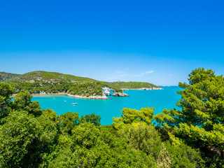 Apulia, Italy: View of the Arco di San Felice, caves and beach, south of Vieste