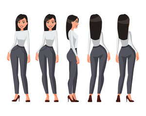 Fototapeta na wymiar Vector illustration of a girl with long hair in casual clothes under the white background.Cartoon realistic people illustration.Flat young woman.Front, side and back views. 