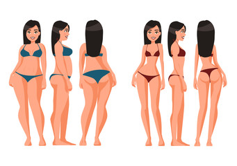 Vector illustration of fat and slim women in underwear. Vector cartoon realistic people illustration. Flat young woman. Front view girl,Side view, Back side view , Isometric view. Losing weight.