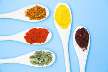 Cooking Hot Spicy Food Concept. Dry spices and herbs in wooden spoons, light blue background
