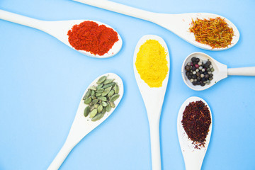 Cooking Hot Spicy Food Concept. Dry spices and herbs in wooden spoons, light blue background