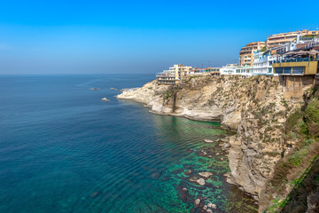 Fototapeta na wymiar Beuatiful blue beach in Beirut, blue sky day, Lebanon