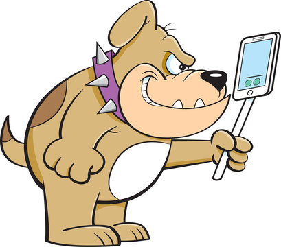 Cartoon illustration of an angry bulldog holding a cell phone.