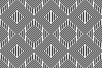 Seamless pattern with striped black white straight lines and diagonal inclined lines (zigzag, chevron). Optical illusion effect, op art. Background for cloth, fabric, textile, tartan.