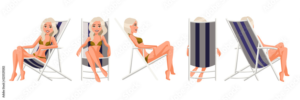 Wall mural vector illustration of women in underwear in chaise lounge. cartoon realistic people. flat young wom