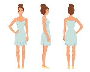Vector illustration of three smiling girl in mint dress under the white background. Cartoon realistic  people illustration. Flat young woman. Front view girl, Side view girl, Back side view girl
