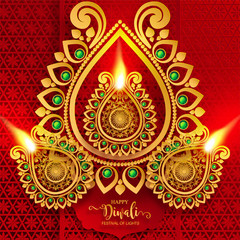 Happy Diwali festival card with gold diya patterned and crystals on paper color Background.