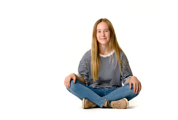 Young teen girl on white background