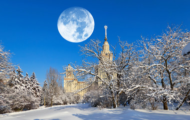 Vibrant full Moon winter collage of famous Russian unversty campus
