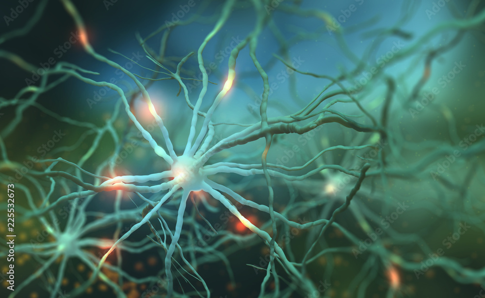 Poster neural networks 3d illustration. electrical impulses in the human brain