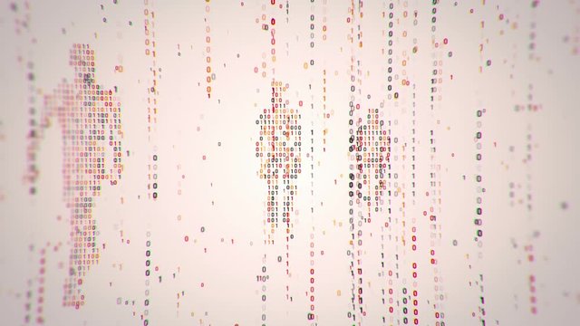 Abstract background with animation flickering binary digits and earth symbol walking human from binary digits. Animation of seamless loop. 