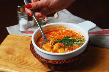 Solyanka - Russian traditional meat soup. Russian soup saltwort in round plate on wooden background
