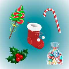 Christmas holiday decor set with red sock and traditional gifts. Candies. Sweets Lollipop, Candy Cane, Fir-tree. Vector realistic illistration isolaten on blue background.