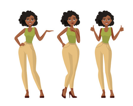 Set of young black woman in casual clothes in different poses with a variety of emotions. A character for your project. Vector illustration in a flat style.