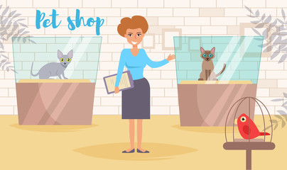 Pet shop Vector. Cartoon. Isolated art. Flat Cat show Woman