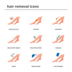 Hair removal icons set flat style