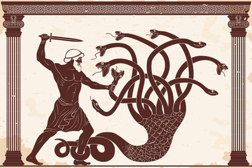 Hercules kills the Lyrna Hydra. 12 exploits of Hercules. Figure on a beige background with the aging effect.