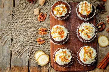 pumpkin pie spices walnuts banana cupcakes with salted caramel and cream cheese frosting