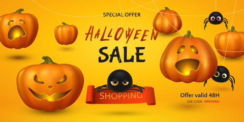 Vector horizontal sale banner for Halloween with cartoon spiders, 3D realistic pumpkins with scary and cute faces, fiery glow inside. Flyer with traditional symbol Jack-O-Lantern on orange background.