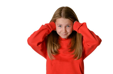 Young teen girl on white background, covering ears