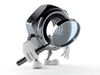 Nut character looking through magnifying glass