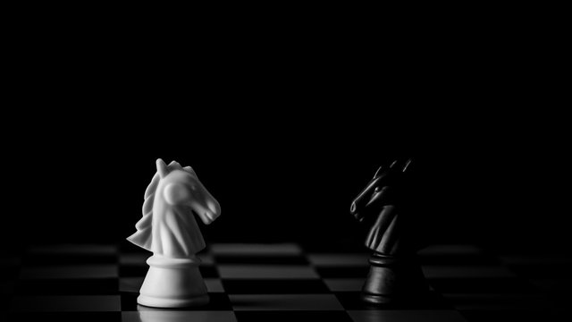 white and black horse chess encounter on a chessboard in the dark background. - Business leader and fight concept.