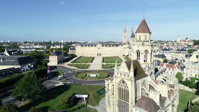 Caen, Aerial view of St. Etienne-le-vieux church and Town hall in the background.
