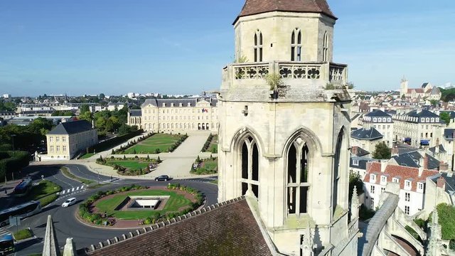 Caen, Aerial view of St. Etienne-le-vieux church and Town hall in the background.