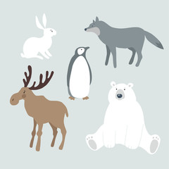 Set of wild winter animals and bird. Cute polar bear, moose, wolf, hare, rabbit and penguin. Christmas nordic design. Vector illustrations, isolated graphic objects.