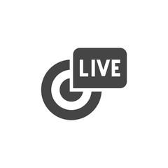 Live broadcast black flat icon. Reportage, stream, webcast concept symbol. Online tv, radio channel emblem. Glyph label. Camera sgin and inscription in bubble. Vector illustration isolated on white