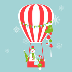 Merry Christmas card. Hot air balloon with snowman. Vector illustration