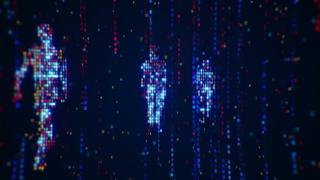 Abstract background with animation flickering binary digits and earth symbol walking human from binary digits. Animation of seamless loop. 