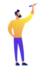 Designer standing and drawing with pencil on the wall vector illustration