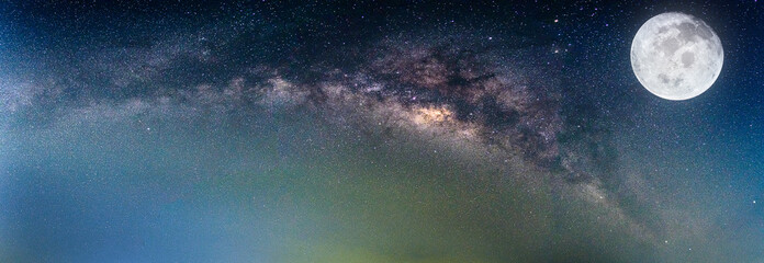 Fototapeta na wymiar Landscape with Milky way galaxy. Night sky with stars and the full moon. (Elements of this moon image furnished by NASA)