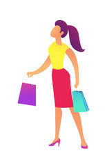 Female buyer with shopping bags vector illustration. Retail shopping and online customer, store big sales and discounts, shopaholic and purchase gifts concept. Isolated on white background.