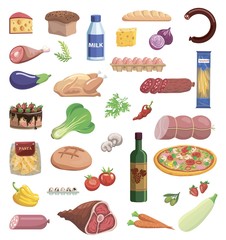 set of varied food items on white background
