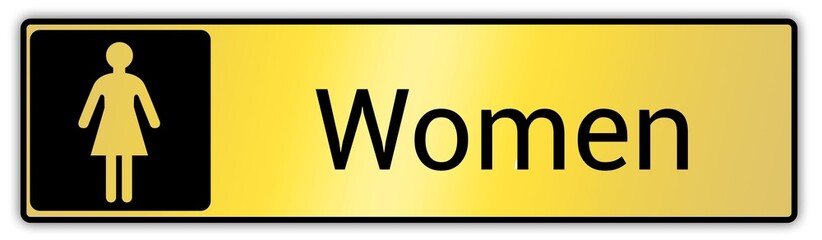 Panneau en anglais: Toilettes pour hommes et femmes, wc mixtes et unisexe - panneau pour salle de bain, toilettes et autres commodit&eacute;s texture en m&eacute;tal dor&eacute;